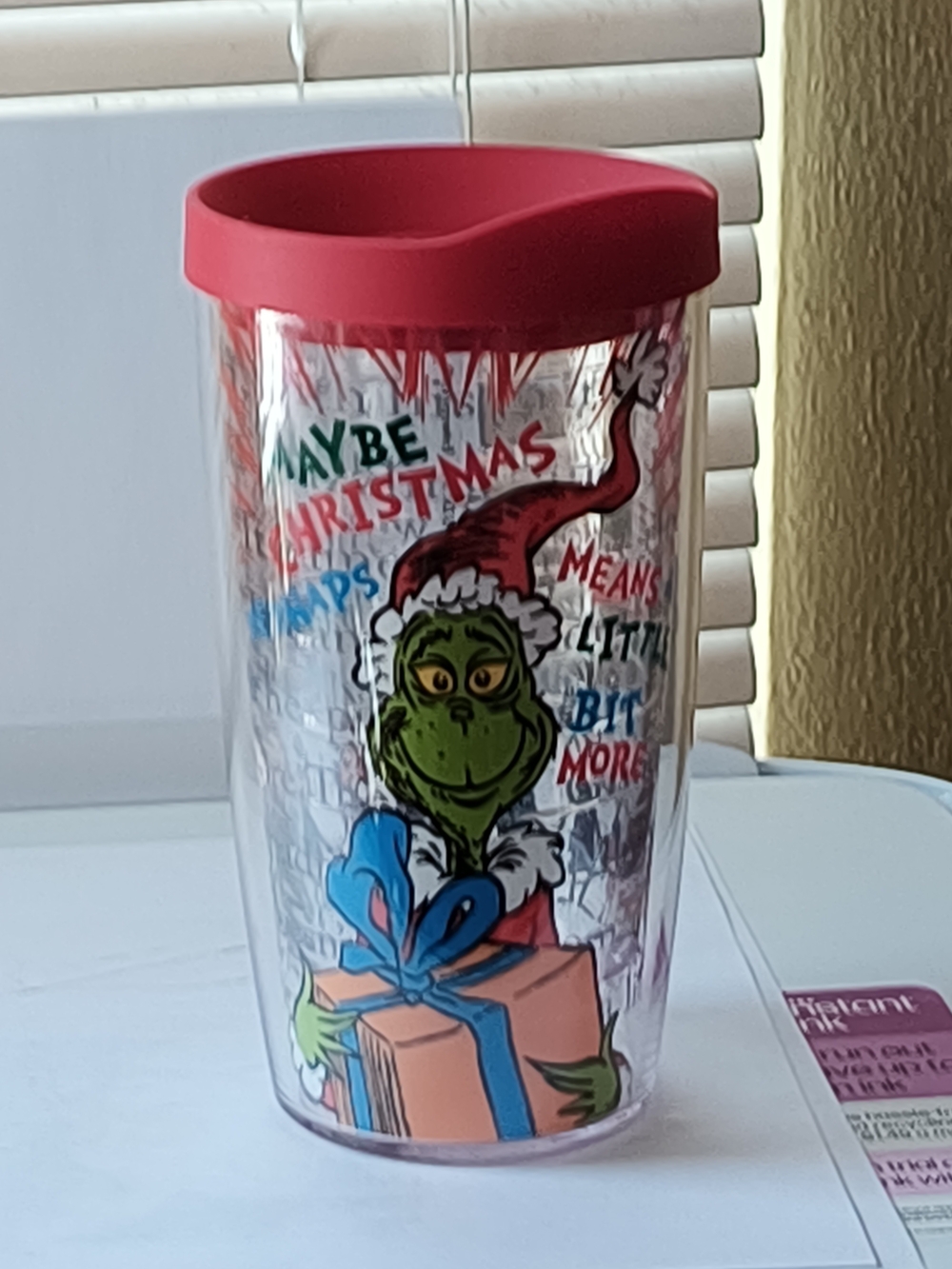 Grinch Holiday Travel Tumbler with Red Lid 6 3/4 Tall Hard Plastic